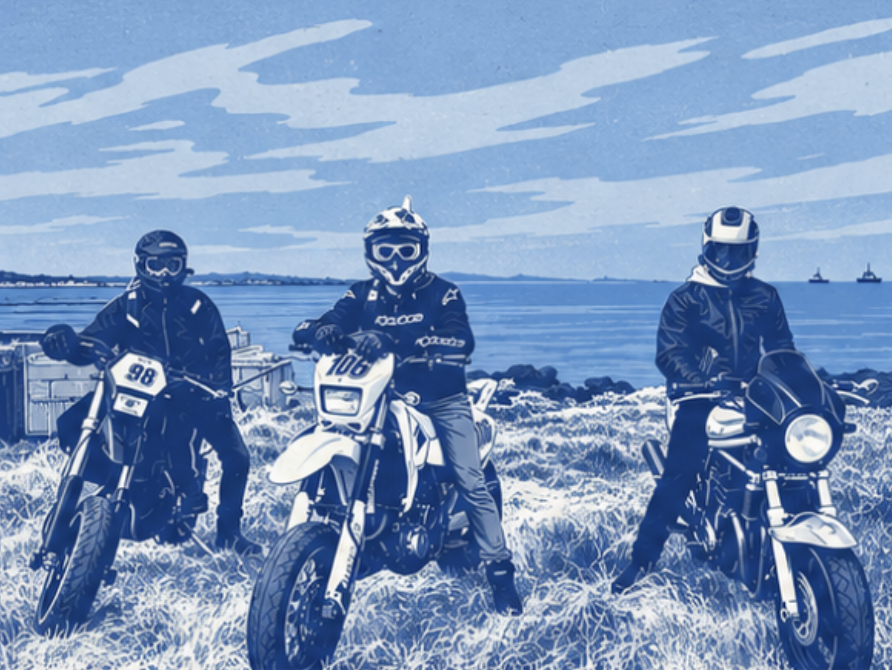 Three motorcyclists by the sea in blue poster style